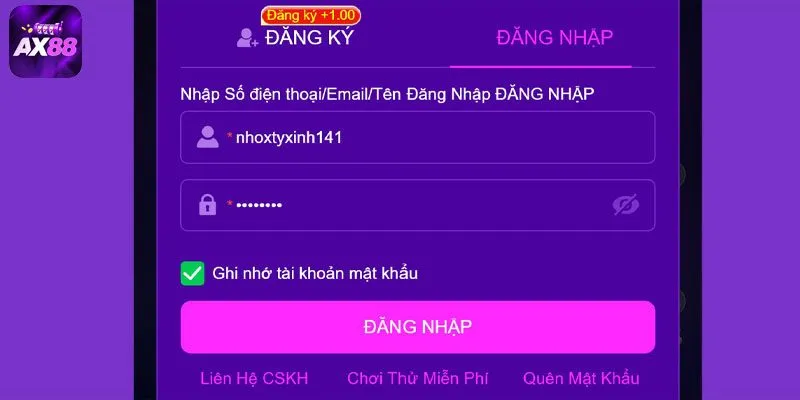 Nhập thông tin đăng nhập AX88